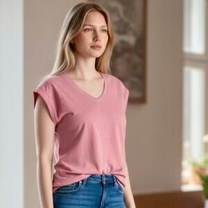 Jessica Simpson Shirt Womens L Soft Pink V-Neck Knit Cap Sleeve Relaxed Fit Top